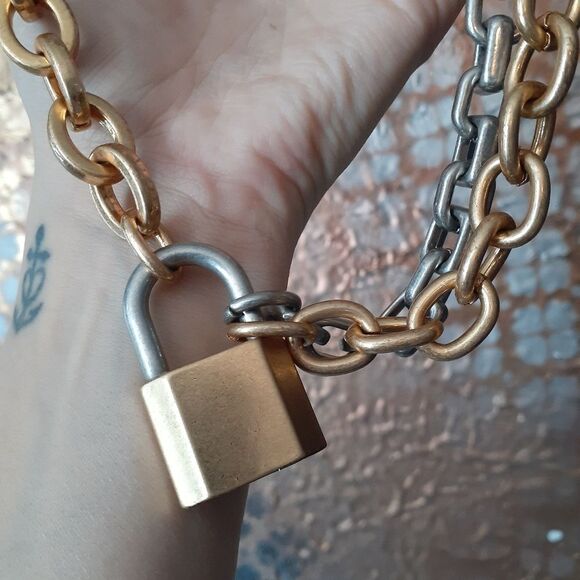 Zara Gold and Silver Chain Necklace with Padlock - Picture 5 of 12